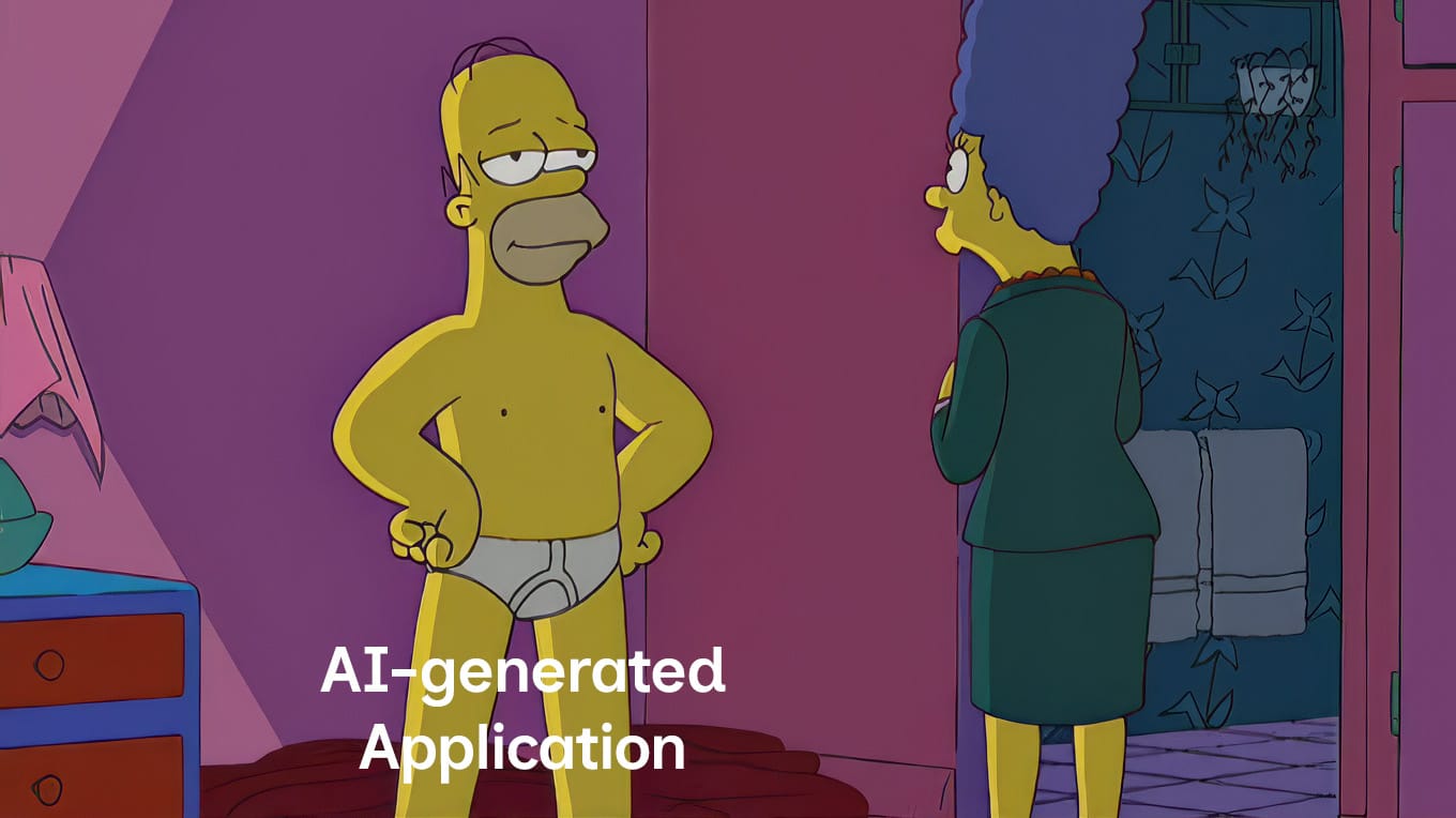 Simpsons bound back fat meme: Homer is the AI-generated application, Marge (the programmer) looks on him and admires how trim and lean he is.